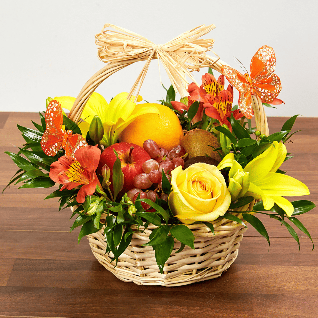 Basket Arrangement of Fresh Flowers & Fruits