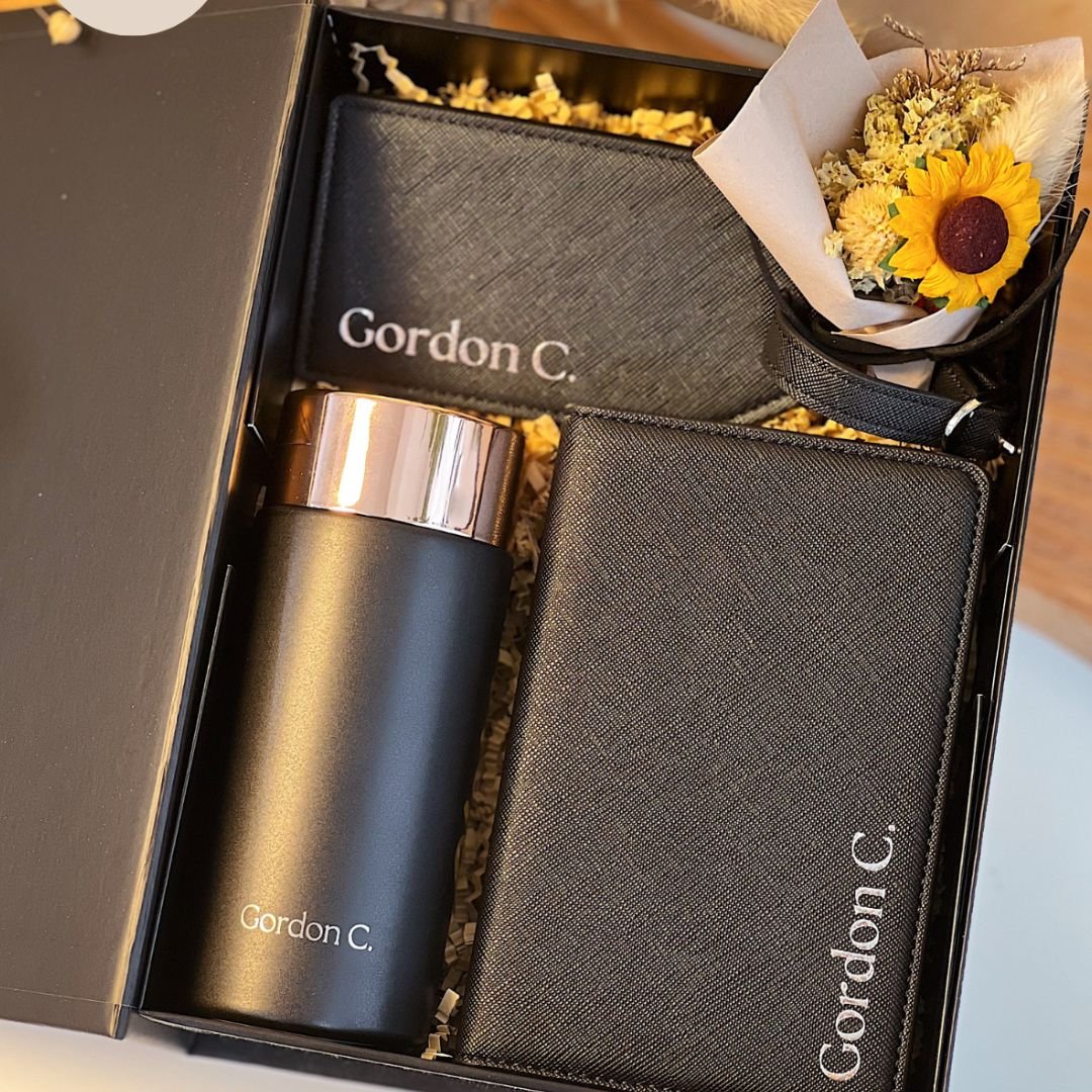 The Jetsetter Gift Set with Luxury Black Travel Set with Passport Holder, Luggage Tag, Engraved Flask, and Gift Box