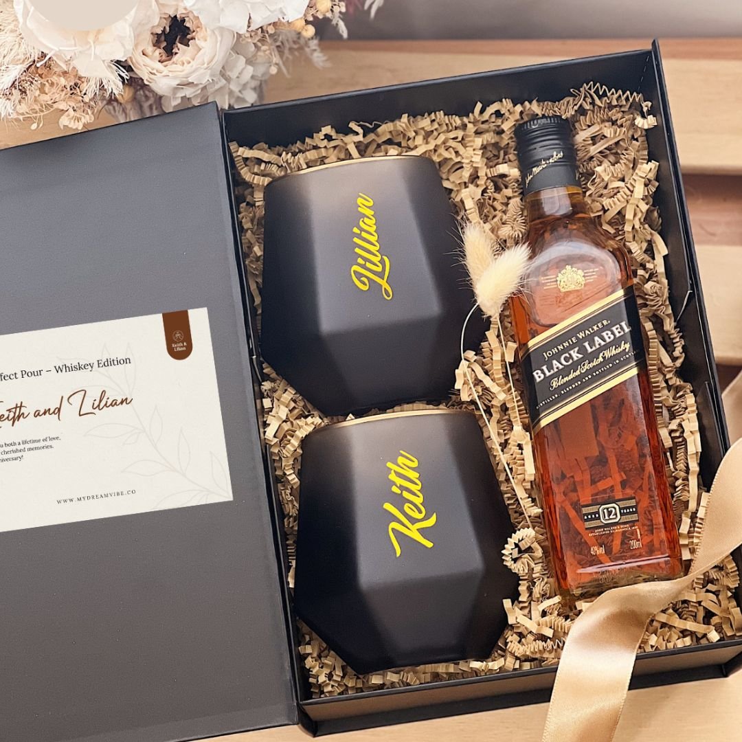 The Perfect Pour Gift Set with Personalised 300ml Glasses and 375ml Johnnie Walker Black Label Whisky in Premium Gift Box