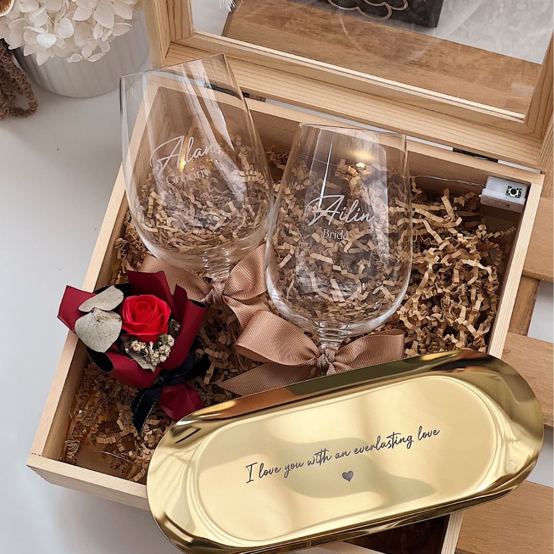 The Wedding Blessing Gift Set with Engraved 490ml Wine Glasses and Oval Gold Tray in Wooden Gift Box