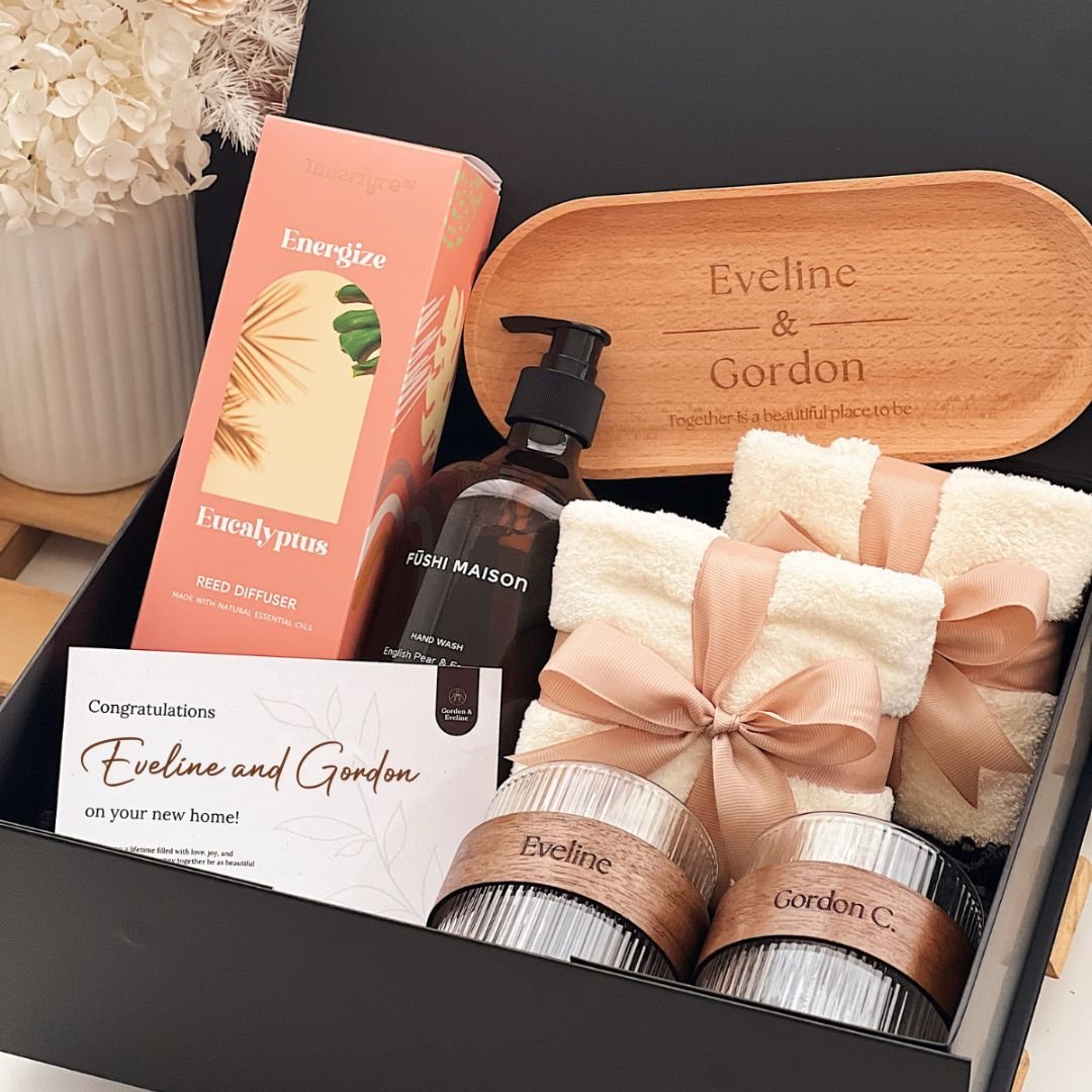 The Welcome Home Luxe Gift Set with 50ml Diffuser, 500ml Handwash, 2 Towels, Wooden Trays, and Glasses in Premium Gift Box
