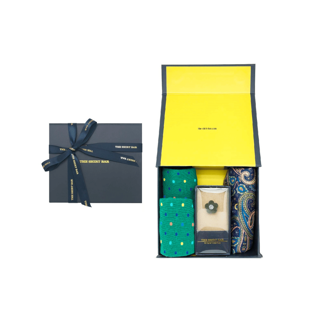 Christmas Green Socks, Army Green Floral Lapel Pin & Paisley Pocket Square Gift Set