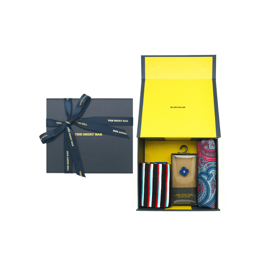 Coloured Stripes Socks, Blue Floral Lapel Pin & Paisley Pocket Square Gift Set