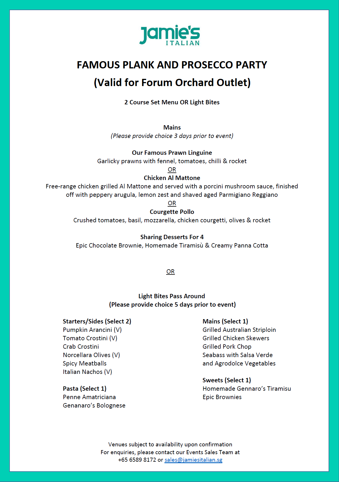 Famous Plank & Prosecco Party: Forum Orchard Menu
