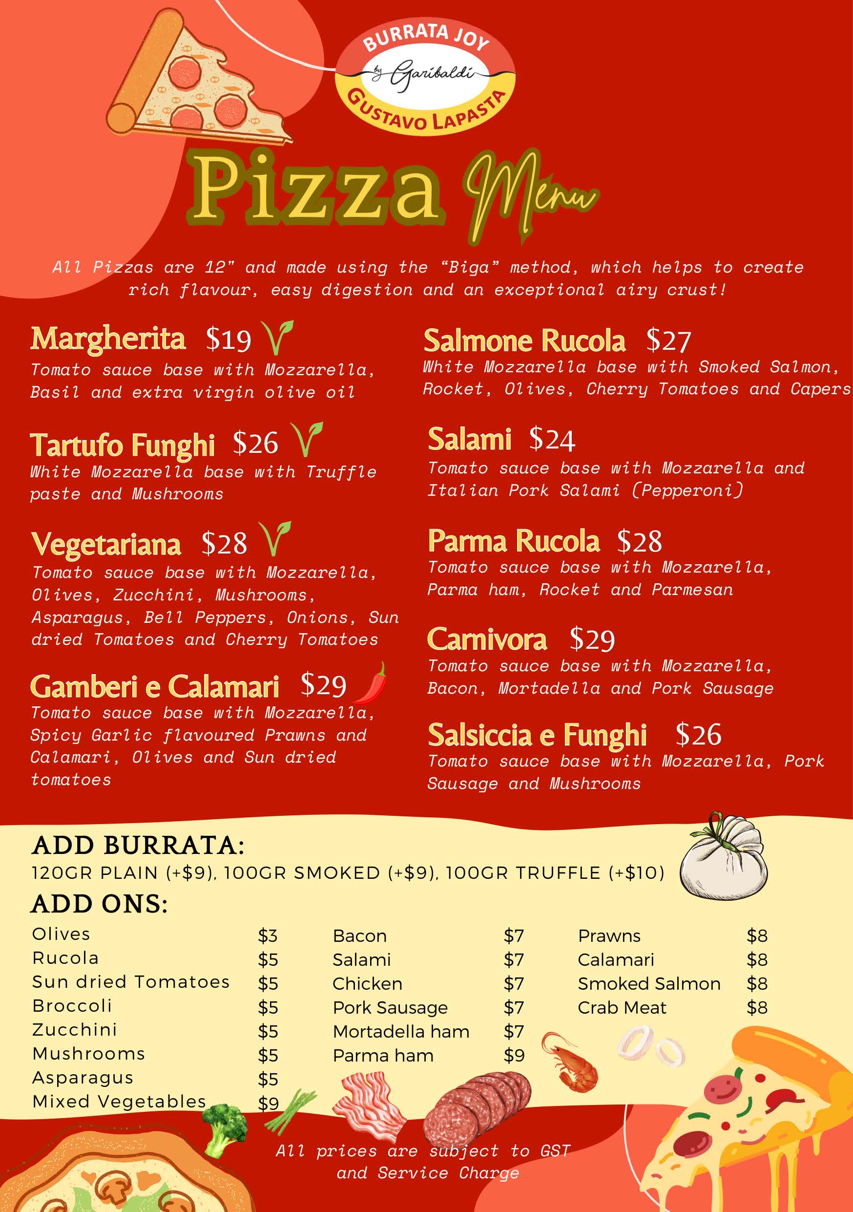 Burrata Joy & Gustavo Lapasta Pizza Menu