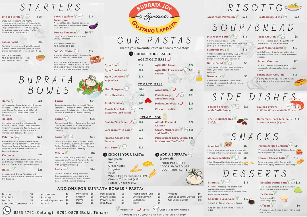 Burrata Joy & Gustavo Lapasta Food Menu May 2025